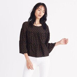 Madewell tiered black silk heart print top